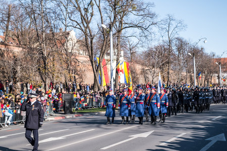 Sibiu, Romania - December 1, 2019. Military Parade on National Day of Romania, 1 December, on Corneliu Coposu Boulevard from Sibiu centerのeditorial素材