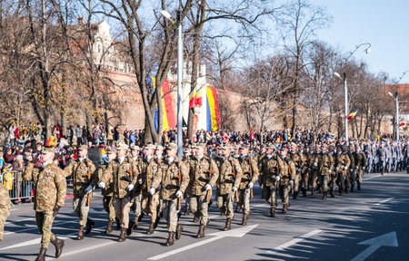 Sibiu, Romania - December 1, 2019. Military Parade on National Day of Romania, 1 December, on Corneliu Coposu Boulevard from Sibiu centerのeditorial素材