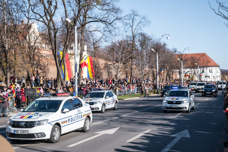 Sibiu, Romania - December 1, 2019. Military Parade on National Day of Romania, 1 December, on Corneliu Coposu Boulevard from Sibiu centerのeditorial素材