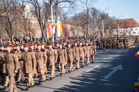 Sibiu, Romania - December 1, 2019. Military Parade on National Day of Romania, 1 December, on Corneliu Coposu Boulevard from Sibiu centerのeditorial素材