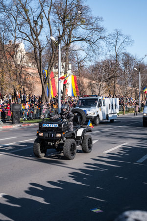 Sibiu, Romania - December 1, 2019. Military Parade on National Day of Romania, 1 December, on Corneliu Coposu Boulevard from Sibiu centerのeditorial素材