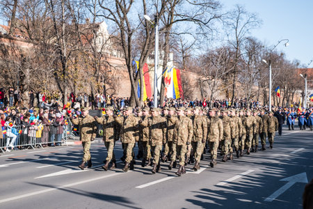Sibiu, Romania - December 1, 2019. Military Parade on National Day of Romania, 1 December, on Corneliu Coposu Boulevard from Sibiu centerのeditorial素材