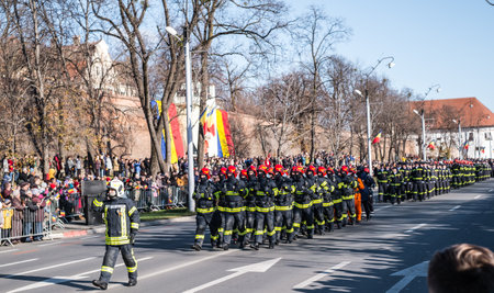 Sibiu, Romania - December 1, 2019. Military Parade on National Day of Romania, 1 December, on Corneliu Coposu Boulevard from Sibiu centerのeditorial素材