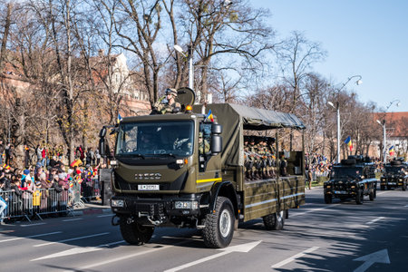 Sibiu, Romania - December 1, 2019. Military Parade on National Day of Romania, 1 December, on Corneliu Coposu Boulevard from Sibiu centerのeditorial素材