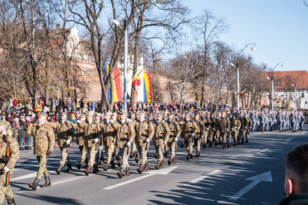 Sibiu, Romania - December 1, 2019. Military Parade on National Day of Romania, 1 December, on Corneliu Coposu Boulevard from Sibiu centerのeditorial素材