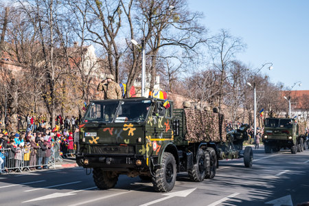 Sibiu, Romania - December 1, 2019. Military Parade on National Day of Romania, 1 December, on Corneliu Coposu Boulevard from Sibiu centerのeditorial素材
