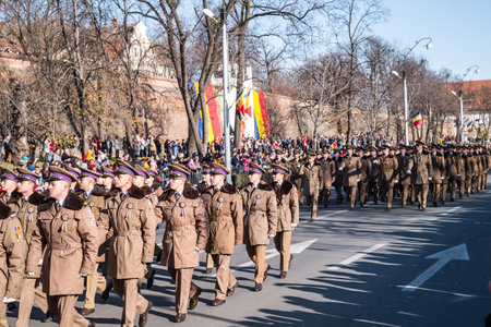 Sibiu, Romania - December 1, 2019. Military Parade on National Day of Romania, 1 December, on Corneliu Coposu Boulevard from Sibiu centerのeditorial素材