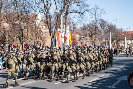 Sibiu, Romania - December 1, 2019. Military Parade on National Day of Romania, 1 December, on Corneliu Coposu Boulevard from Sibiu centerのeditorial素材