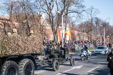 Sibiu, Romania - December 1, 2019. Military Parade on National Day of Romania, 1 December, on Corneliu Coposu Boulevard from Sibiu centerのeditorial素材