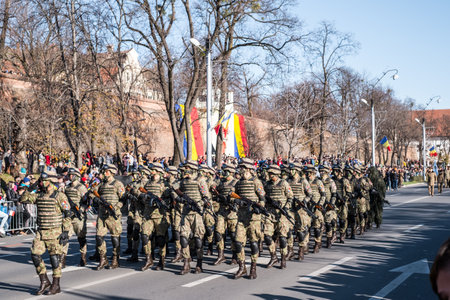 Sibiu, Romania - December 1, 2019. Military Parade on National Day of Romania, 1 December, on Corneliu Coposu Boulevard from Sibiu centerのeditorial素材