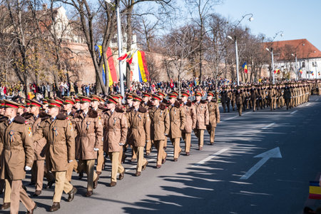 Sibiu, Romania - December 1, 2019. Military Parade on National Day of Romania, 1 December, on Corneliu Coposu Boulevard from Sibiu centerのeditorial素材