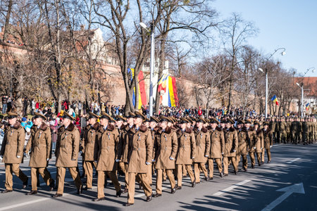 Sibiu, Romania - December 1, 2019. Military Parade on National Day of Romania, 1 December, on Corneliu Coposu Boulevard from Sibiu centerのeditorial素材
