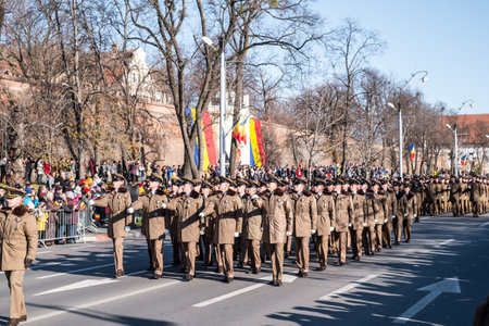 Sibiu, Romania - December 1, 2019. Military Parade on National Day of Romania, 1 December, on Corneliu Coposu Boulevard from Sibiu centerのeditorial素材