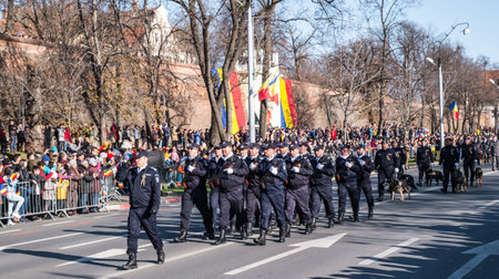 Sibiu, Romania - December 1, 2019. Military Parade on National Day of Romania, 1 December, on Corneliu Coposu Boulevard from Sibiu centerのeditorial素材