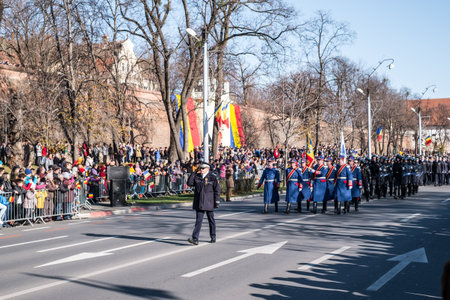 Sibiu, Romania - December 1, 2019. Military Parade on National Day of Romania, 1 December, on Corneliu Coposu Boulevard from Sibiu centerのeditorial素材