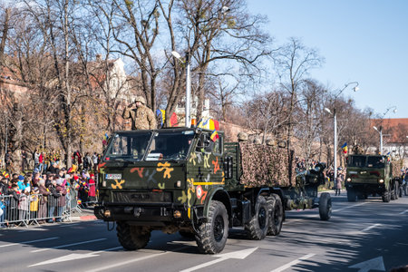 Sibiu, Romania - December 1, 2019. Military Parade on National Day of Romania, 1 December, on Corneliu Coposu Boulevard from Sibiu centerのeditorial素材