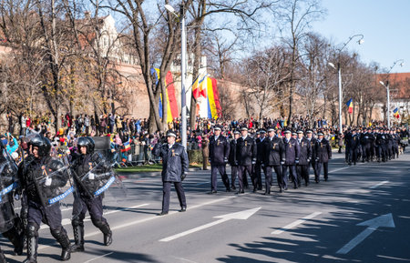 Sibiu, Romania - December 1, 2019. Military Parade on National Day of Romania, 1 December, on Corneliu Coposu Boulevard from Sibiu centerのeditorial素材