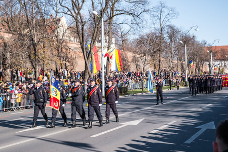 Sibiu, Romania - December 1, 2019. Military Parade on National Day of Romania, 1 December, on Corneliu Coposu Boulevard from Sibiu centerのeditorial素材