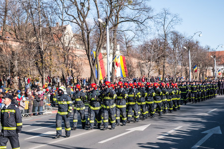 Sibiu, Romania - December 1, 2019. Military Parade on National Day of Romania, 1 December, on Corneliu Coposu Boulevard from Sibiu centerのeditorial素材