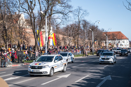 Sibiu, Romania - December 1, 2019. Military Parade on National Day of Romania, 1 December, on Corneliu Coposu Boulevard from Sibiu centerのeditorial素材