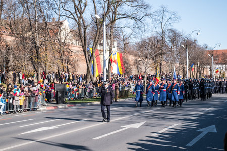 Sibiu, Romania - December 1, 2019. Military Parade on National Day of Romania, 1 December, on Corneliu Coposu Boulevard from Sibiu centerのeditorial素材