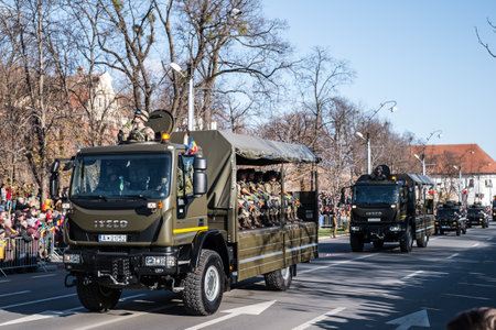 Sibiu, Romania - December 1, 2019. Military Parade on National Day of Romania, 1 December, on Corneliu Coposu Boulevard from Sibiu centerのeditorial素材