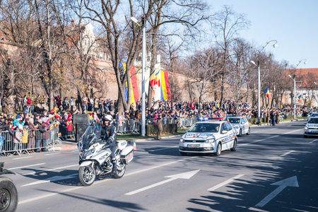 Sibiu, Romania - December 1, 2019. Military Parade on National Day of Romania, 1 December, on Corneliu Coposu Boulevard from Sibiu centerのeditorial素材