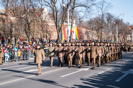 Sibiu, Romania - December 1, 2019. Military Parade on National Day of Romania, 1 December, on Corneliu Coposu Boulevard from Sibiu centerのeditorial素材