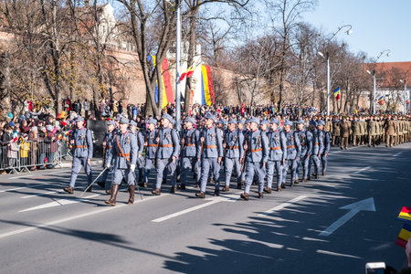 Sibiu, Romania - December 1, 2019. Military Parade on National Day of Romania, 1 December, on Corneliu Coposu Boulevard from Sibiu centerのeditorial素材