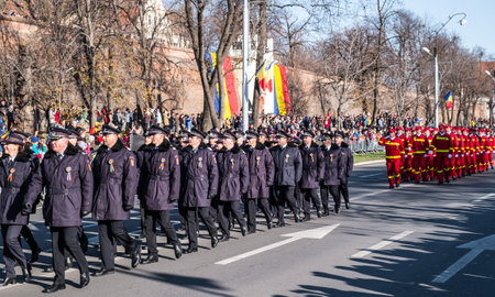 Sibiu, Romania - December 1, 2019. Military Parade on National Day of Romania, 1 December, on Corneliu Coposu Boulevard from Sibiu centerのeditorial素材