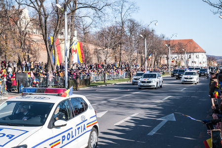 Sibiu, Romania - December 1, 2019. Military Parade on National Day of Romania, 1 December, on Corneliu Coposu Boulevard from Sibiu centerのeditorial素材