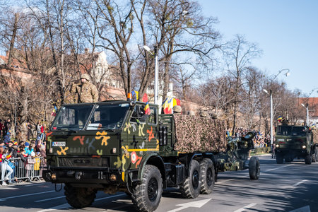 Sibiu, Romania - December 1, 2019. Military Parade on National Day of Romania, 1 December, on Corneliu Coposu Boulevard from Sibiu centerのeditorial素材