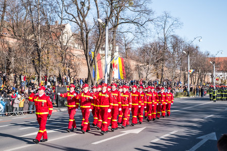 Sibiu, Romania - December 1, 2019. Military Parade on National Day of Romania, 1 December, on Corneliu Coposu Boulevard from Sibiu centerのeditorial素材
