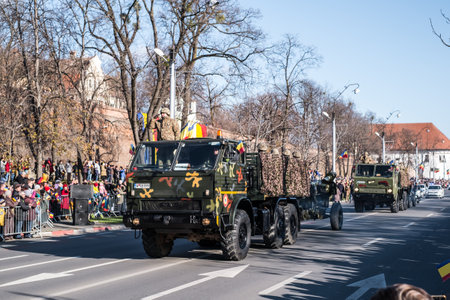 Sibiu, Romania - December 1, 2019. Military Parade on National Day of Romania, 1 December, on Corneliu Coposu Boulevard from Sibiu centerのeditorial素材
