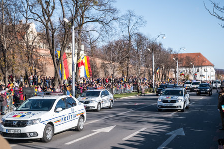 Sibiu, Romania - December 1, 2019. Military Parade on National Day of Romania, 1 December, on Corneliu Coposu Boulevard from Sibiu centerのeditorial素材