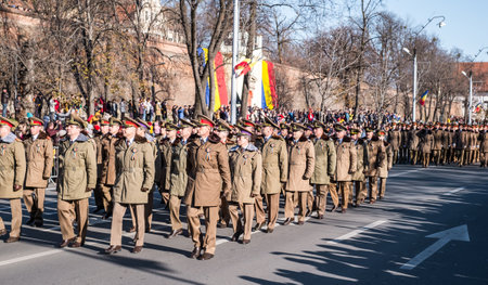 Sibiu, Romania - December 1, 2019. Military Parade on National Day of Romania, 1 December, on Corneliu Coposu Boulevard from Sibiu centerのeditorial素材