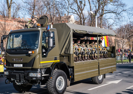 Sibiu, Romania - December 1, 2019. Military Parade on National Day of Romania, 1 December, on Corneliu Coposu Boulevard from Sibiu centerのeditorial素材