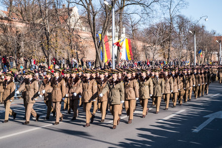 Sibiu, Romania - December 1, 2019. Military Parade on National Day of Romania, 1 December, on Corneliu Coposu Boulevard from Sibiu centerのeditorial素材