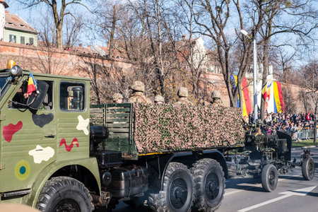 Sibiu, Romania - December 1, 2019. Military Parade on National Day of Romania, 1 December, on Corneliu Coposu Boulevard from Sibiu centerのeditorial素材