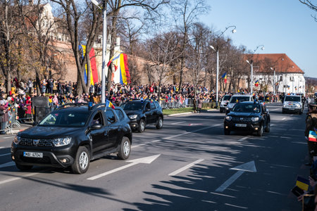 Sibiu, Romania - December 1, 2019. Military Parade on National Day of Romania, 1 December, on Corneliu Coposu Boulevard from Sibiu centerのeditorial素材