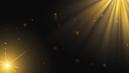 Black luxury background with golden line elements and light ray effect decoration and bokehの素材