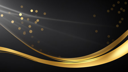 Black luxury background with golden line elements and light ray effect decoration and bokehの素材