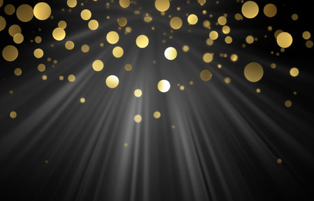 Black luxury background with golden line elements and light ray effect decoration and bokehの素材