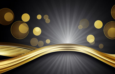 Black luxury background with golden line elements and light ray effect decoration and bokehの素材