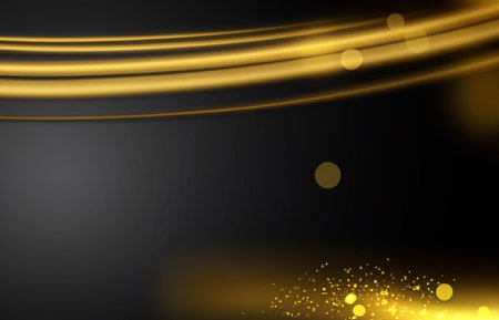 Black luxury background with golden line elements and light ray effect decoration and bokehの素材