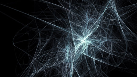 Abstract electrifying lines, smoky fractal pattern, digital illustration art work of rendering chaotic dark backgroundの素材