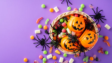 Halloween decorations pumpkin basket in top view with candies and spiders on a purple backgroundの素材