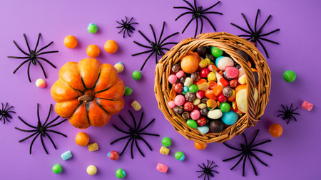 Halloween decorations pumpkin basket in top view with candies and spiders on a purple backgroundの素材