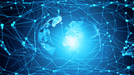 Map of the planet. World map. Global social network. Future. Blue futuristic background with planet Earth. Internet and technology. Floating blue plexus geometric backgroundの素材