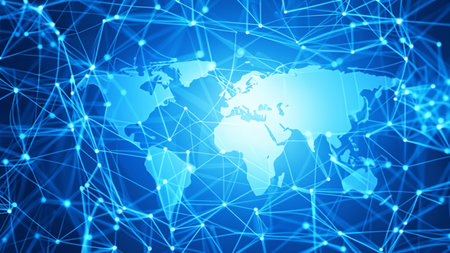 Map of the planet. World map. Global social network. Future. Blue futuristic background with planet Earth. Internet and technology. Floating blue plexus geometric backgroundの素材